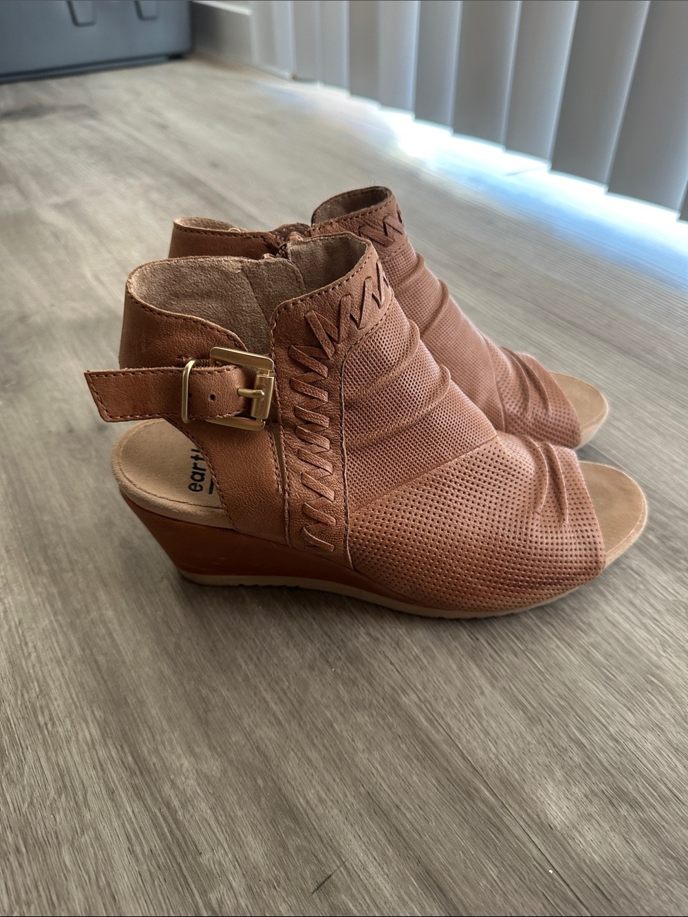Earthies Brown Perforated Open-Toe Ankle Sandals with Buckle - Picture 2 of 14